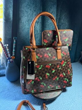 Cherry Print Tote Bag with Wallet - Brown 13x11